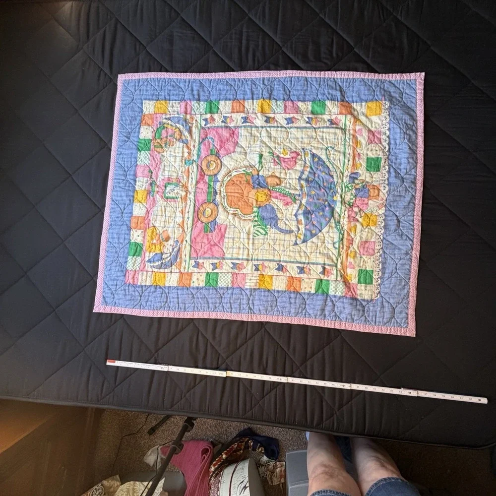 Handmade Baby Quilt Nursery Patchwork Storybook Animals Pastel Pink Blue 58x35